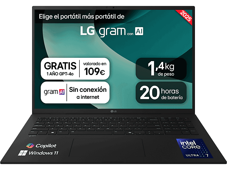 Portátil - LG 17Z90T-G.AD8BB, 17" WQXGA, Intel® Evo™ Edition Core™ Ultra 7-255H, 32 GB RAM, 1 TB SSD, Arc™ GPU, W11H