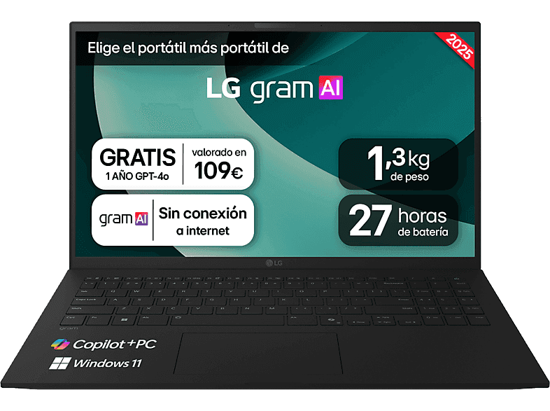 Portátil - LG 15Z80T-G.AU88B Copilot+ PC, 15" Full-HD, AMD Ryzen™ AI 7 350, 50 TOPS, 32GB RAM, 1TB SSD, Radeon™ 860M, W11H
