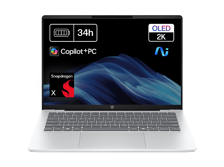 Portátil - HP OmniBook 5 NGAI 14-he0000ns Copilot+ PC, 14" 2K, Snapdragon X1-26-100 45 TOPS, 16GB RAM, 512GB SSD, Gráficos Adreno™, W11 Home, Plata