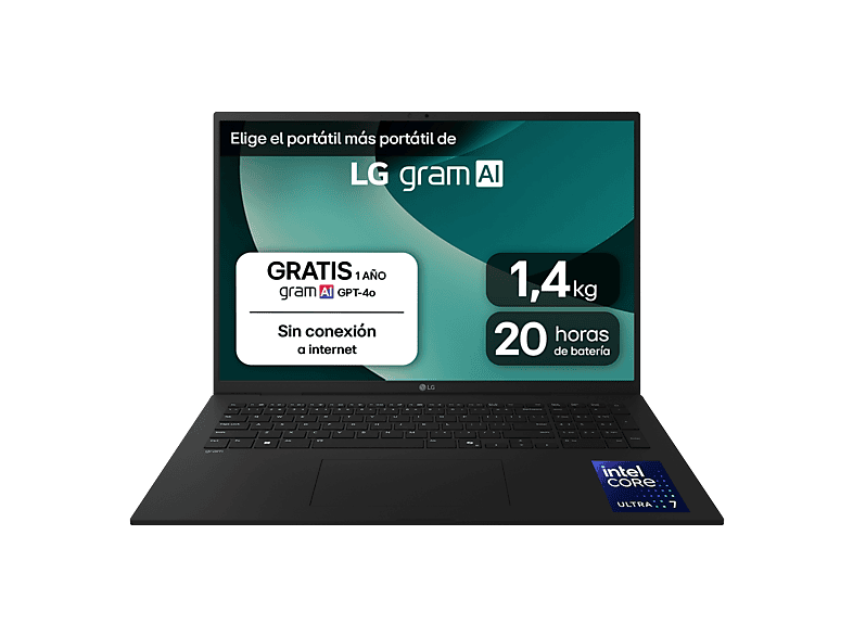 Portátil - LG 17ZD90T-G.AX88B, 17" WQXGA, Intel® Core™ Ultra 7-255H, 13 TOPS, 32 GB RAM, 1 TB SSD, Arc™ GPU, Sin sistema operativo
