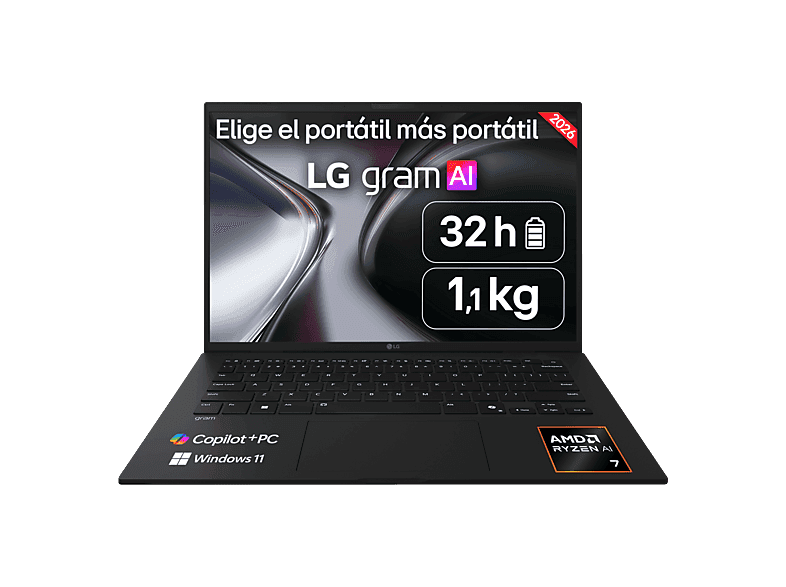 Portátil - LG Gram 14Z95U-G.AU85BN Copilot+ PC, 14" WUXGA, AMD Ryzen™ AI 7 450 50 TOPS, 32GB RAM, 512 GB SSD, Windows 11 Home, Sin cargador