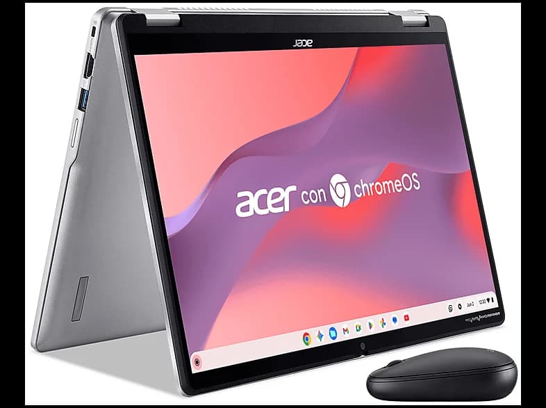 Portátil - Acer Chromebook Spin 314 CP314-2HN-C7T7, 14" WUXGA, Intel® N100, 8GB RAM, 128 GB eMMC, UHD Graphics, Google ChromeOS, Plata, Ratón incluido