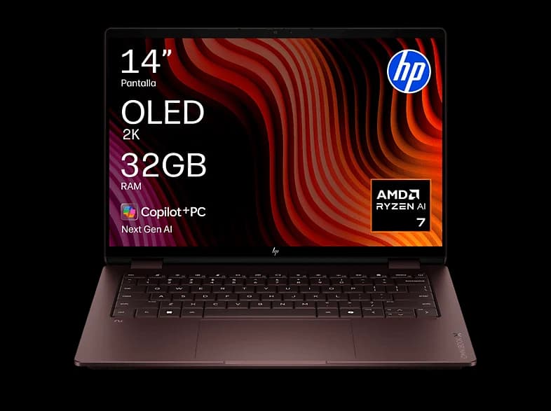 Convertible 2 en 1 - HP OmniBook X Flip 214-kc0002ns, Copilot+PC, 50 TOPS, 14" DCI 2K, AMD Ryzen™ AI 7-450, 32GB RAM, 1TB, Radeon™ 860M, W11H, Marrón