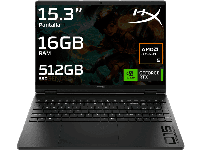 Portátil gaming - HP HyperX OMEN 15-gb0006ns, 15.3" 2K, AMD Ryzen™ 5 240, 16 GB RAM, 512 SSD, GeForce RTX™ 5050, Sin sistema operativo