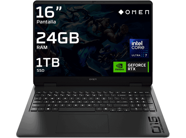 Portátil gaming - HP OMEN Slim 16-an0063ns, 16 " 2K, Intel® Core™ Ultra 7 255H, 24 GB RAM, 1 TB SSD, GeForce RTX™ 5070, Sin sistema operativo