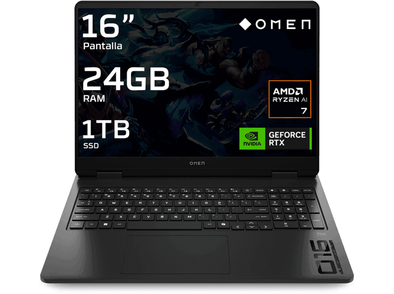 Portátil gaming - HP OMEN 16-ap0050ns Copilot+PC, 16" WQXGA, AMD Ryzen™ AI 7 350, 50 TOPS, 24GB RAM, 1TB SSD, GeForce RTX™ 5070, Sin sistema operativo