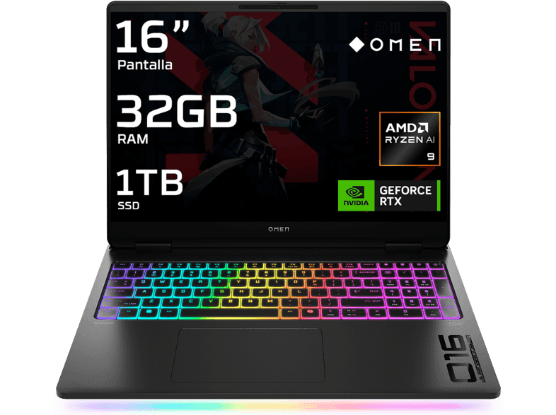 Portátil gaming - HP OMEN MAX 16-ak0008ns Copilot+ PC, 16" WQXGA, AMD Ryzen™ AI 9 HX375 55 TOPS, 32GB RAM, 1TB SSD, GeForce RTX™ 5070 Ti, W11 Home