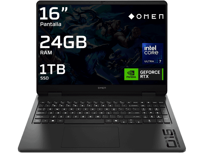 Portátil gaming - HP OMEN Slim 16-an0009ns, 16" 2K, Intel® Core™ Ultra 7 255H, 24GB RAM, 1TB SSD, GeForce RTX™ 5060, Sin sistema operativo , Negro