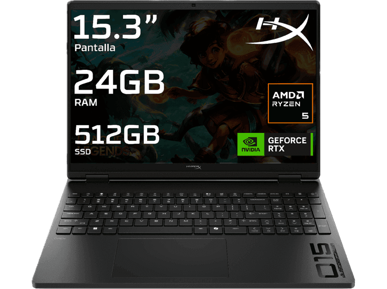 Portátil gaming - HP HyperX OMEN 15-gb0010ns, 15.3" 2K, AMD Ryzen™ 5 240, 24 GB RAM, 512 SSD, GeForce RTX™ 5050, Windows 11 Home