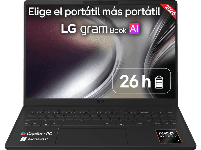 Portátil - LG Gram 16U55U-G.AU75BN, 16" WUXGA Copilot+ PC, AMD Ryzen™ AI 7 445 50 TOPS, 16GB RAM, 512 GB SSD, Windows 11 Home, Sin cargador