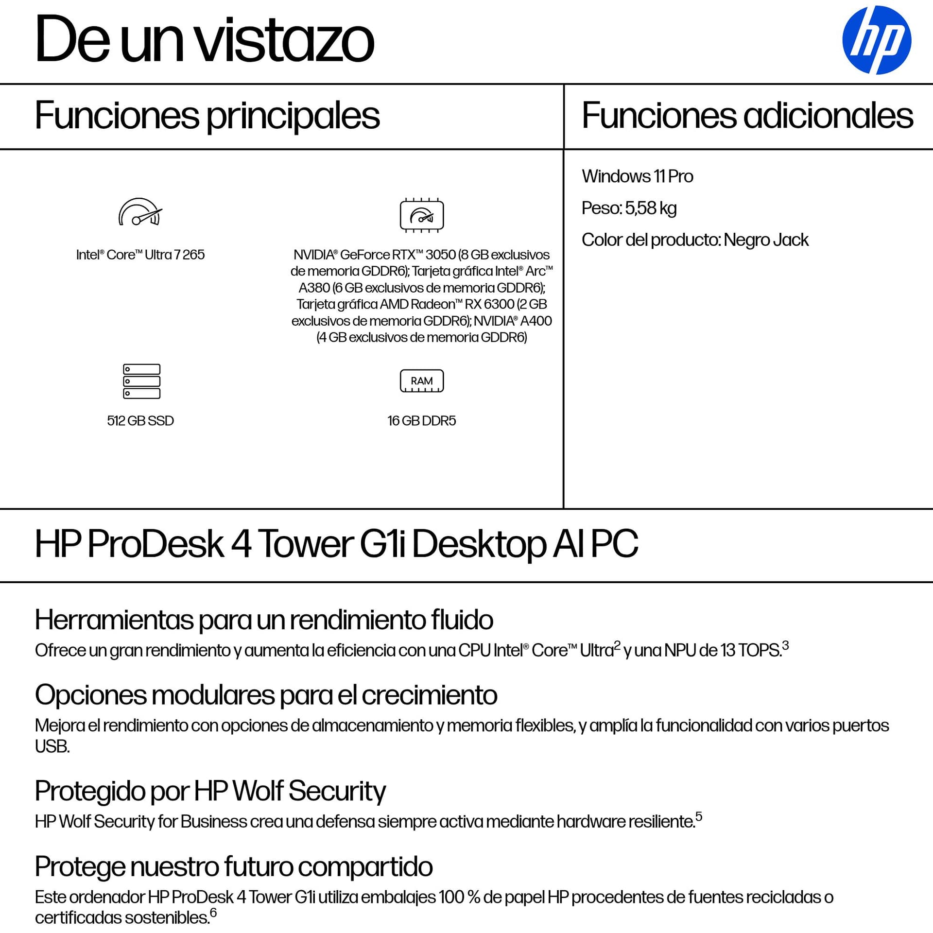 PC sobremesa - HP ProDesk 4 Tower G1i Profesional, Intel® Core™ Ultra 7 265, 16 GB RAM, 512 SSD, HD Graphics, Windows 11 Pro, Negro Jack - imagen 4