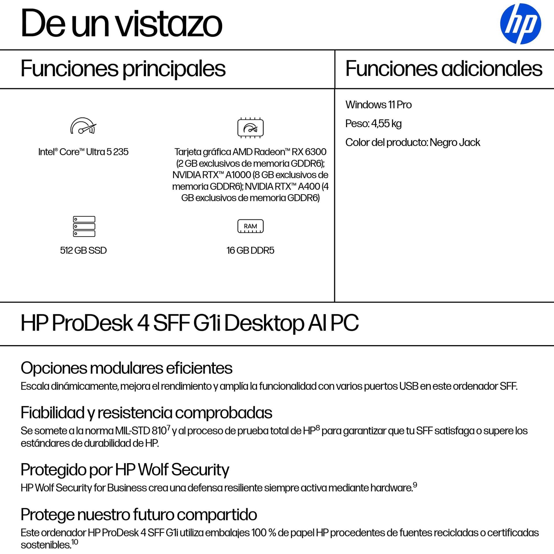 PC sobremesa - HP ProDesk 4 SFF G1i Profesional, Intel® Core™ Ultra 5 235, 16 GB RAM, 512 SSD, HD Graphics, Windows 11 Pro, Negro Jack - imagen 4