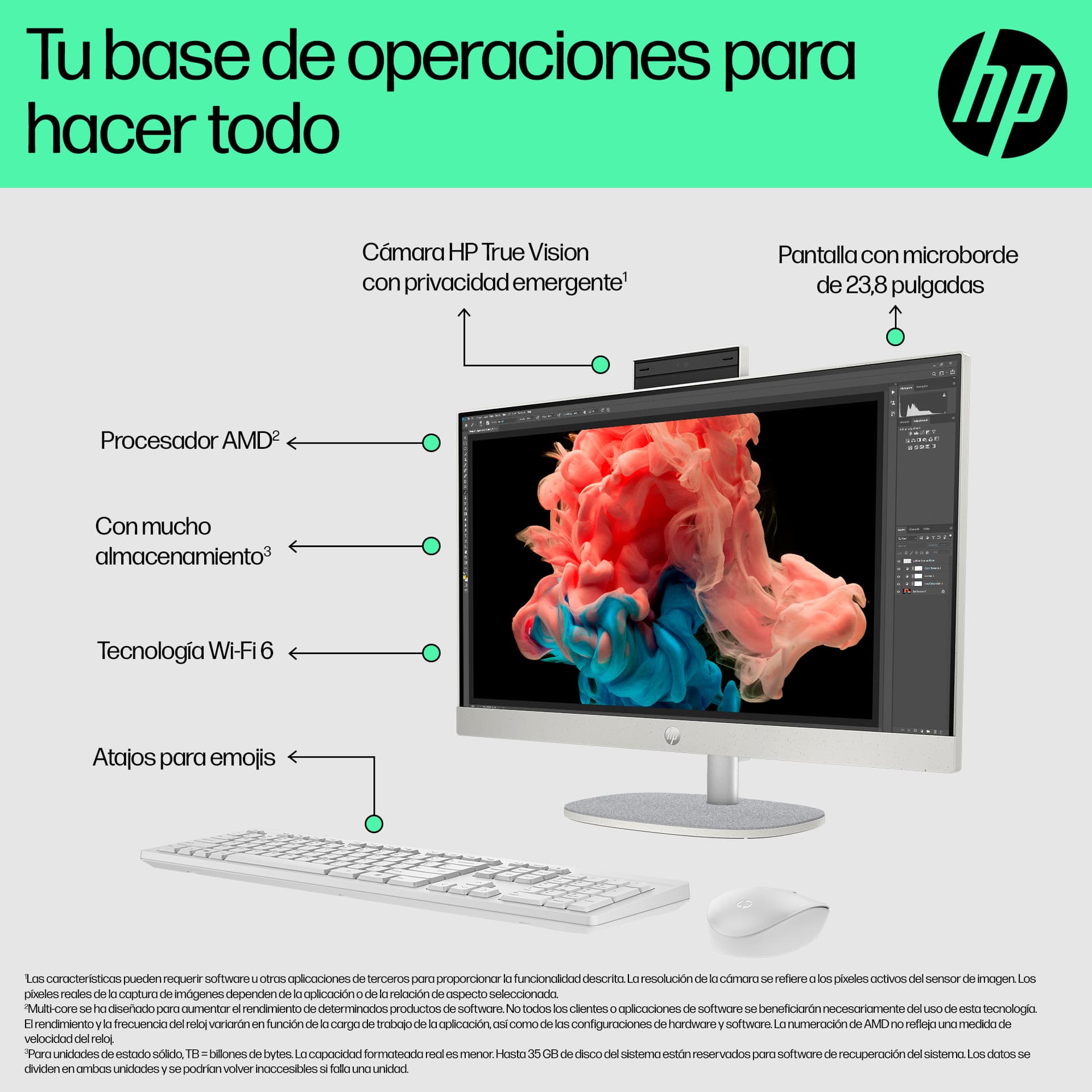 All in One - HP 24-cr0161ns 23,8" Full HD, AMD Ryzen™ 5 7520U, 16 GB RAM, 512 SSD, Gráficos Radeon™ 610M, Sin Sistema Operativo, Blanco - imagen 7