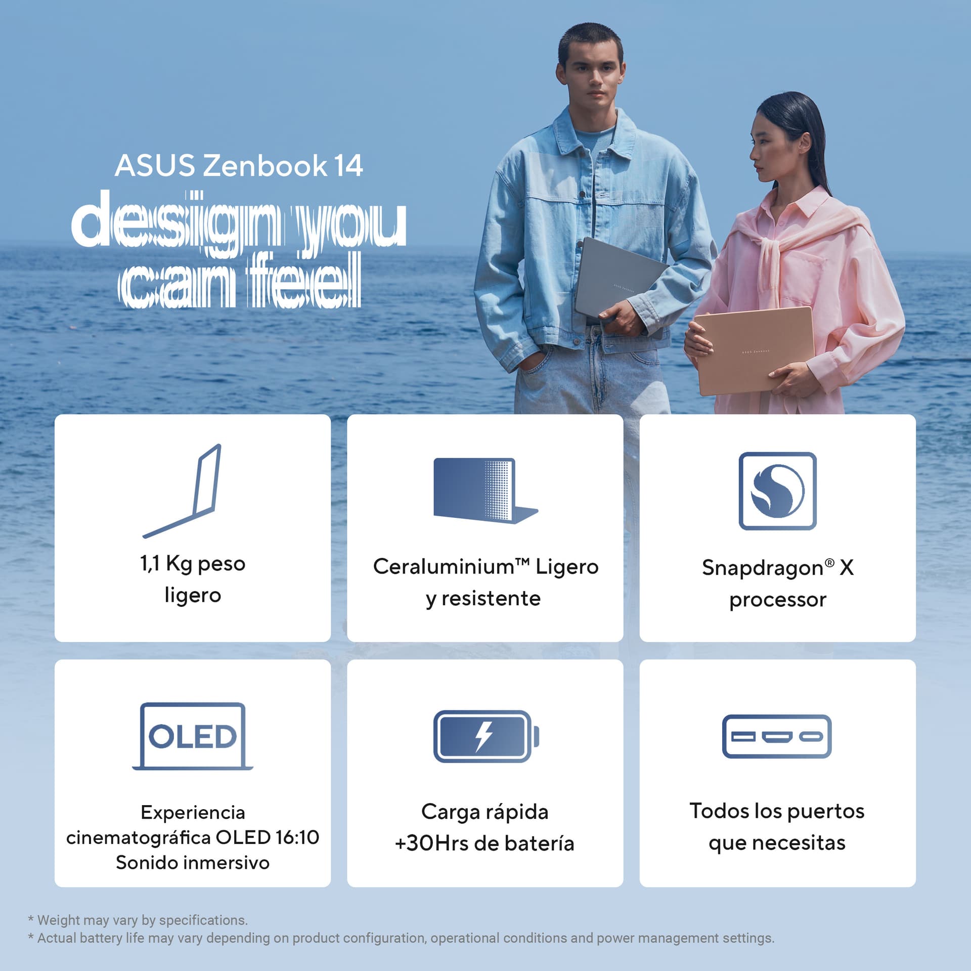 Portátil - ASUS Zenbook 14 OLED UX3480QA-U1090W Copilot+ PC, " WUXGA, Snapdragon® X X1-26-100 45 TOPS, 16GB, 256GB SSD, W11H, Sin cargador - imagen 3