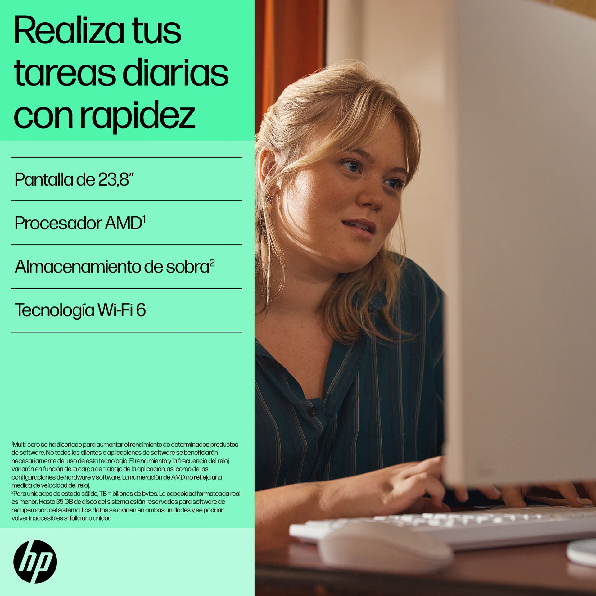 All in One - HP 24-cr0161ns 23,8" Full HD, AMD Ryzen™ 5 7520U, 16 GB RAM, 512 SSD, Gráficos Radeon™ 610M, Sin Sistema Operativo, Blanco - imagen 11