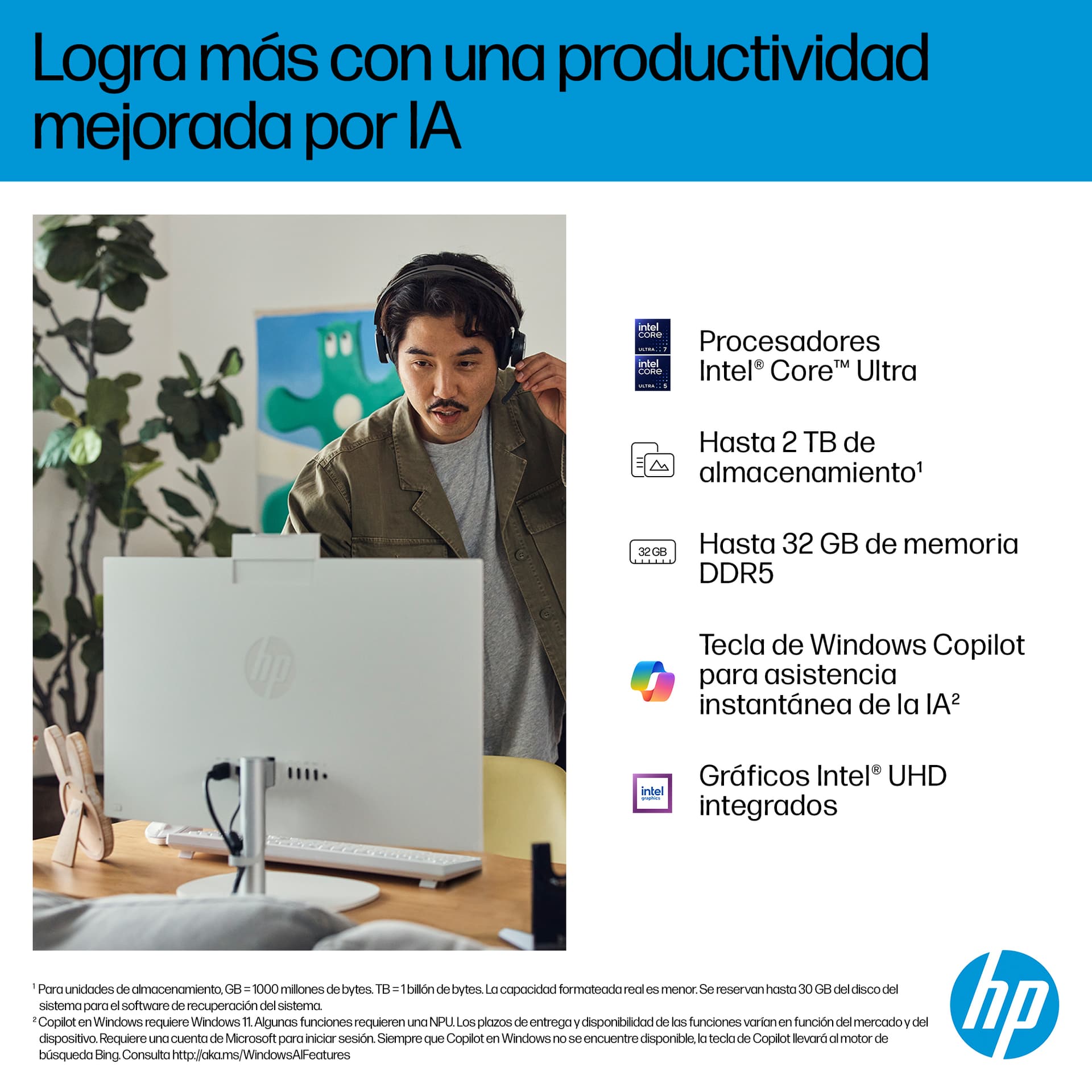 All in one - HP 24-cr2009ns, 23.8" Full-HD, Intel® Core™ Ultra 5 225U, 32GB RAM, 1 TB SSD, UHD Graphics, Windows 11 Home, Blanco caracola - imagen 8