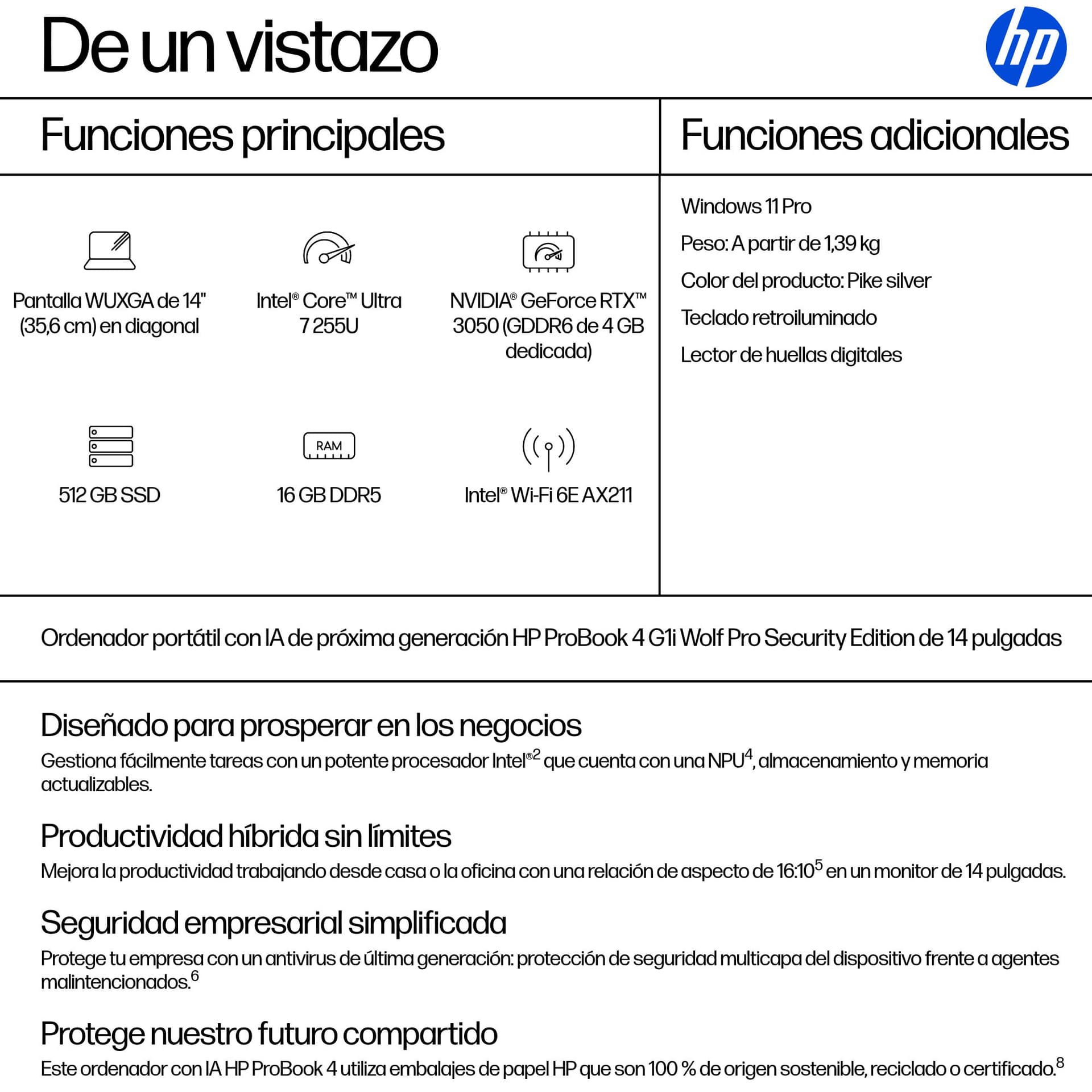 Portátil - HP ProBook 4 G1i AI Profesional, 14" WUXGA, Intel® Core™ Ultra 7 255U, 16 GB RAM, 512 SSD, UHD Graphics, Windows 11 Pro, Pike Silver - imagen 4