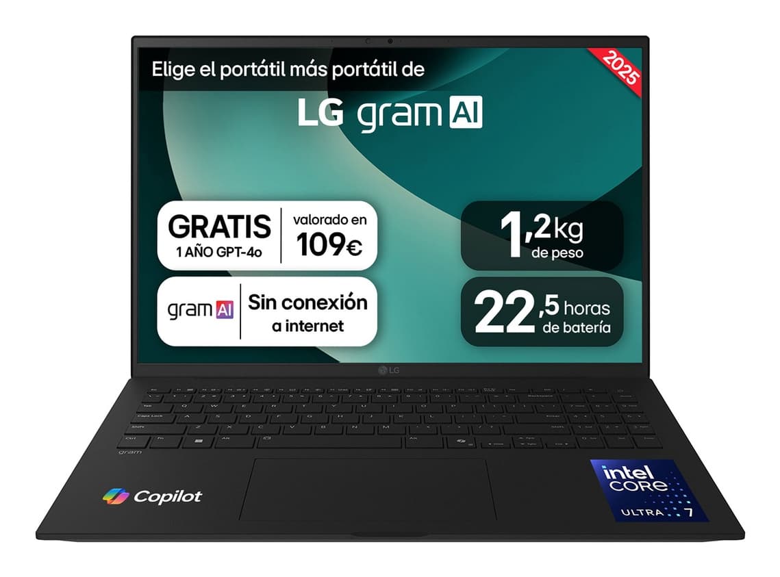 Portátil - LG 16ZD90T-G.AX88B, 16" WQXGA, Intel® Core™ Ultra 7-255H, 13 TOPS, 32 GB RAM, 1 TB SSD, Arc™ GPU, Sin sistema operativo - imagen 2
