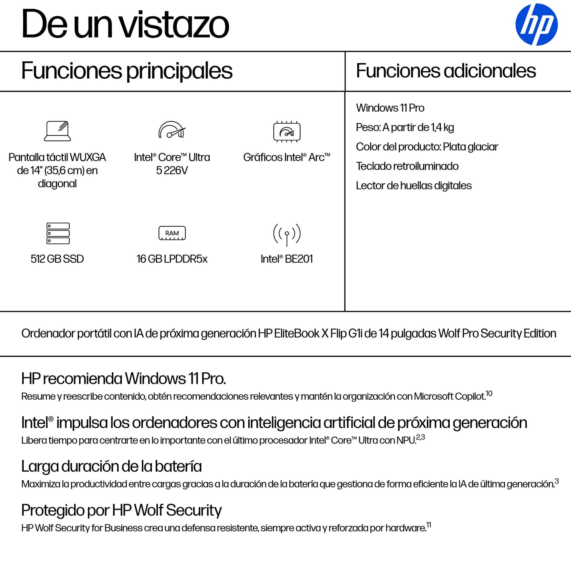 Convertible 2 en 1 - HP EliteBook X Flip G1 Profesional Copilot+ PC, 14" WUXGA, Intel® Core™ Ultra 5 226V 40 TOPS, 16GB RAM, 512GB SSD, Windows 11 Pro - imagen 5