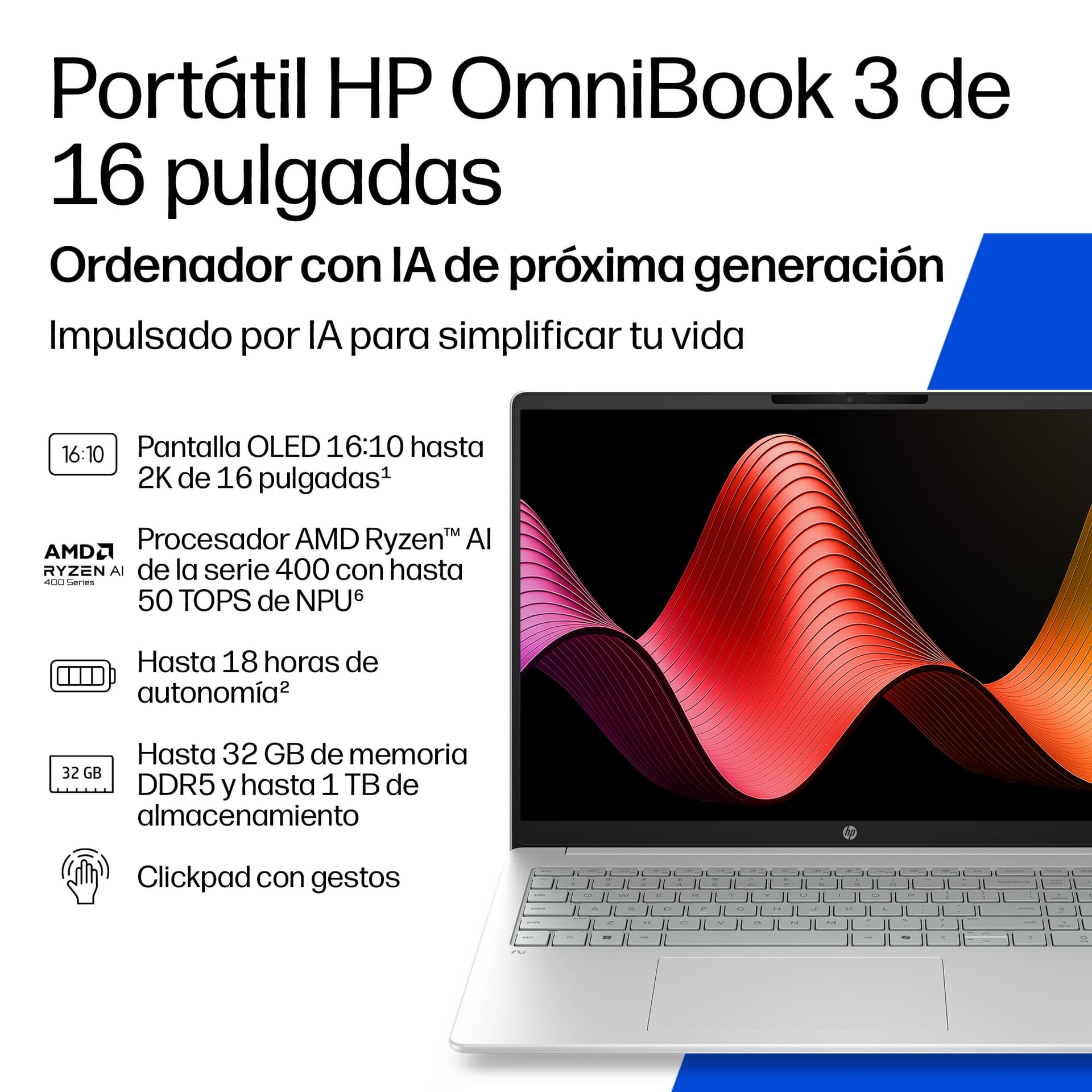 HP - Portátil HP OmniBook 3 16-bv0007ns, Copilot+PC, Ryzen AI 7-445, 24GB, 1TB SSD, 16' OLED, W11, Sin cargador. - imagen 5