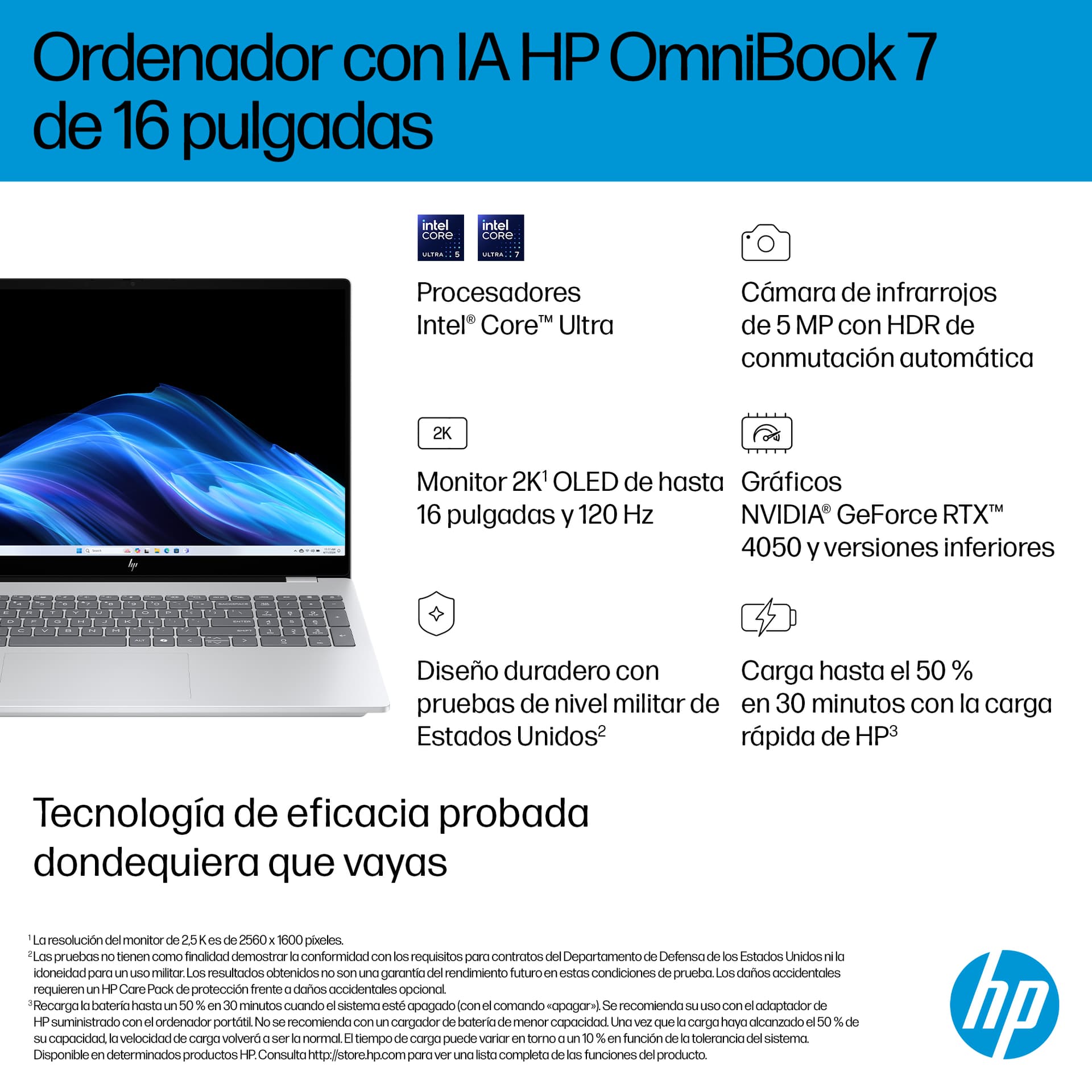 Portátil - HP OmniBook 7 AI 16-ay0002ns, 16" 2K, Intel® Core™ Ultra 255H, 32GB RAM, 1TB SSD, GeForce RTX 4050, Windows 11 Home PC, Plateado - imagen 12