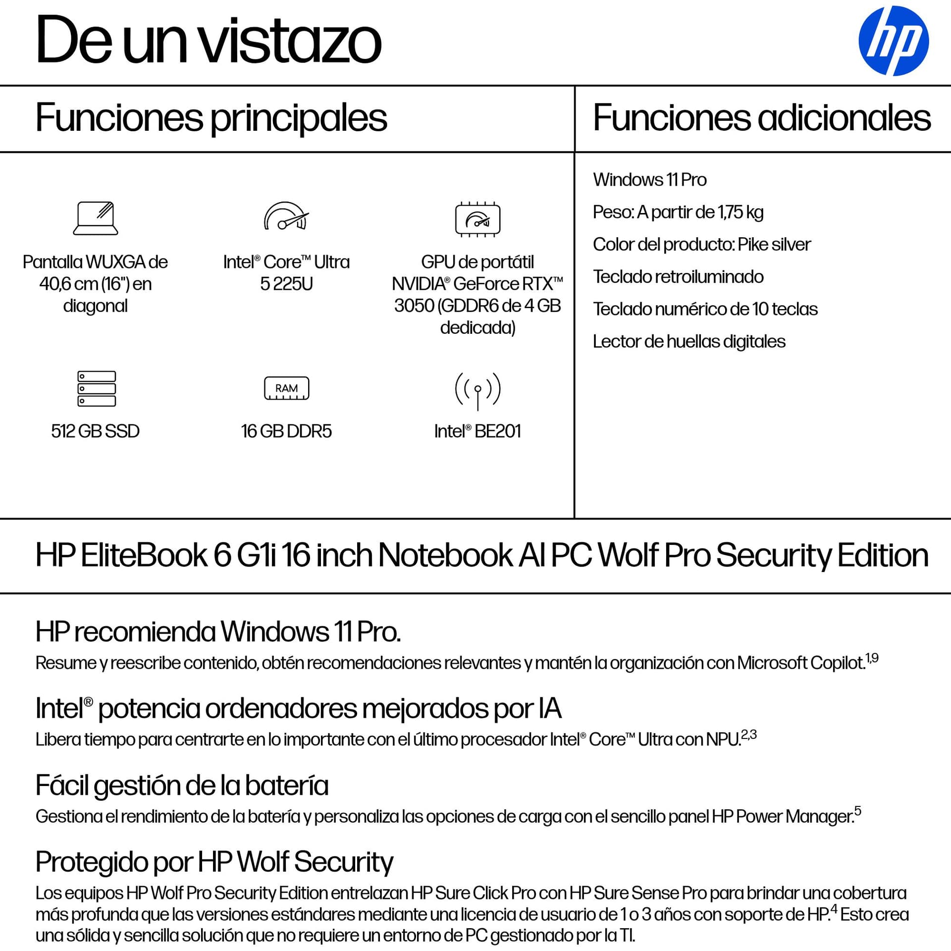 Portátil - HP EliteBook 6 G1i Profesional, 16" WUXGA, Intel® Core™ Ultra 5 225U, 16 GB RAM, 512 SSD, Graphics, Windows 11 Pro - imagen 5