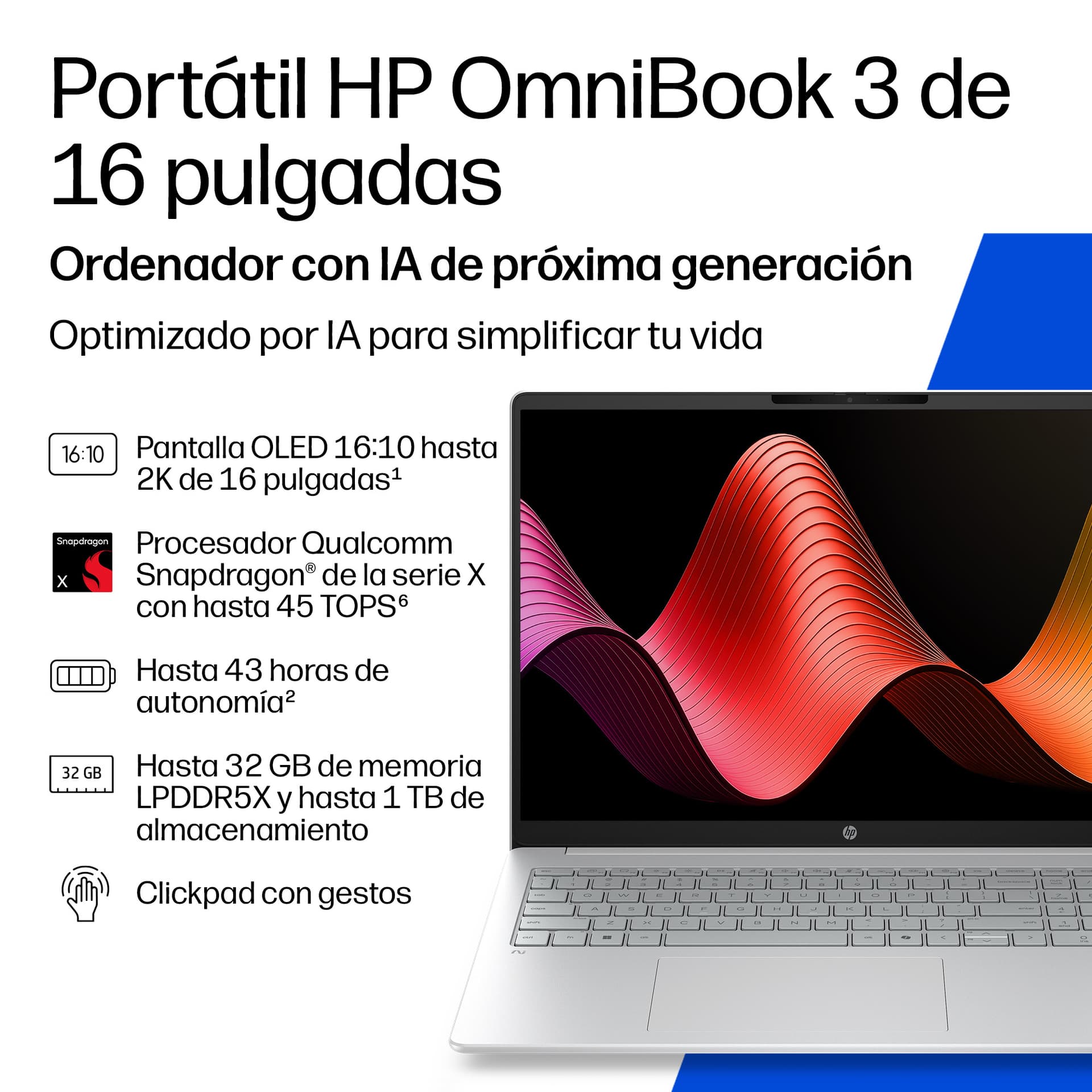 Portátil - HP OmniBook 3 Next Gen AI 16-bz0002nsx Copilot+PC, 16"2K, Snapdragon® X X1-26-100, 45 TOPS, 16 GB RAM, 512 SSD, W11 Home, Sin cargador - imagen 5