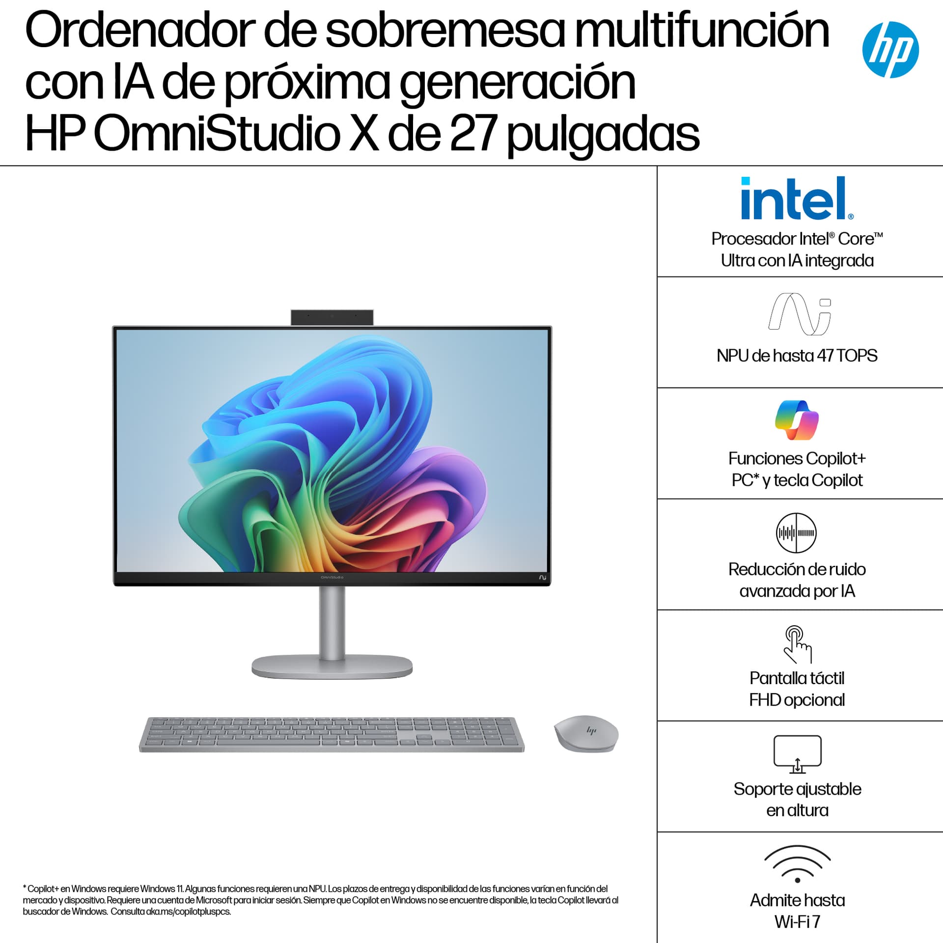 All in one - HP OmniStudio X All-in-One Desktop Next Gen AI 27-cs1011ns Copilot+PC, 27" UHD 4K, Intel® Core™ Ultra 7 258V 47 TOPS, 32GB RAM, 1TB SSD - imagen 4