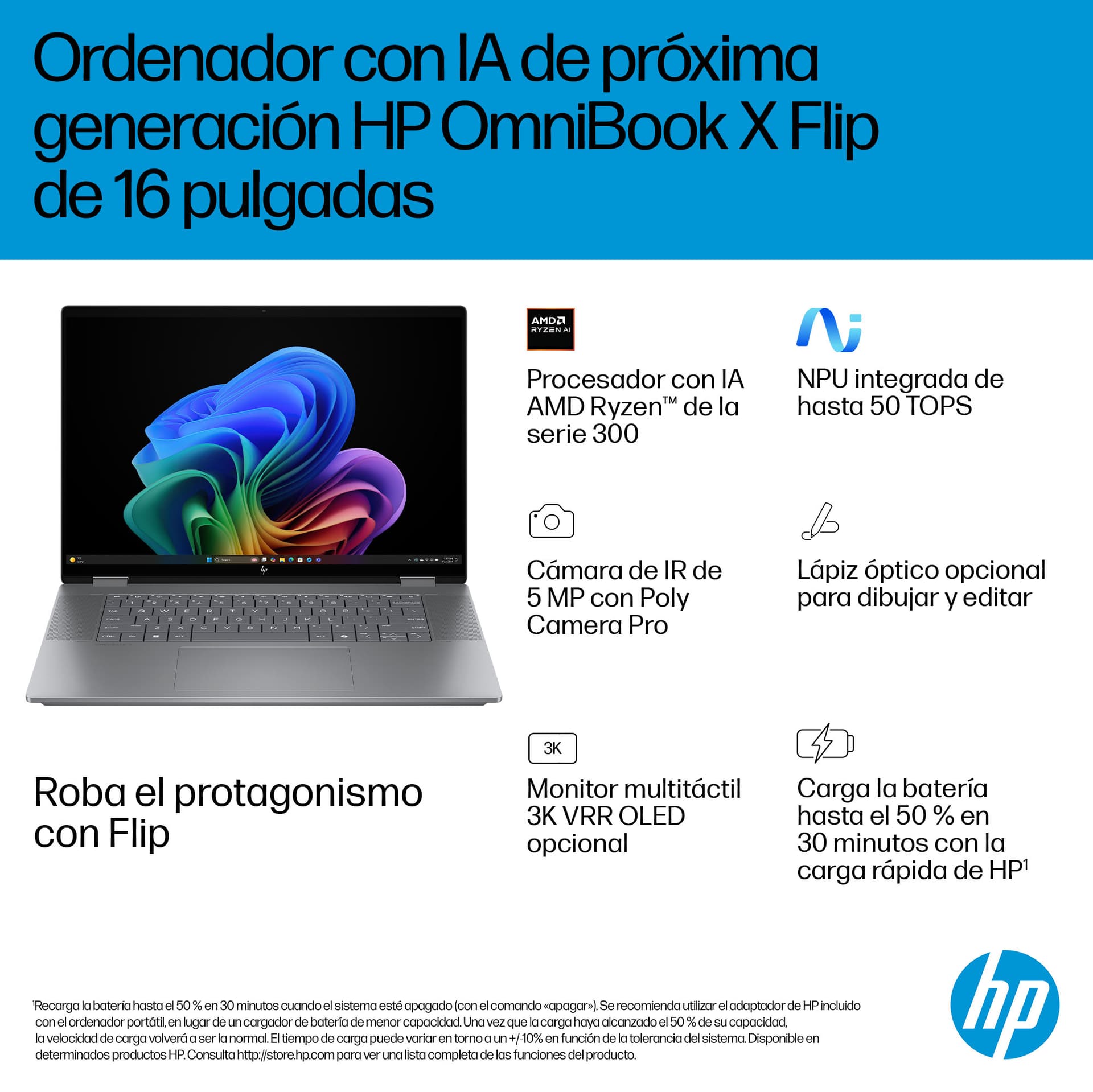 HP - Convertible 2 en 1 HP OmniBook X Flip 16-ar0001ns, Copilot+PC, Ryzen IA 7-350, 16GB, 1TB SSD, 16' OLED, W11. - imagen 6