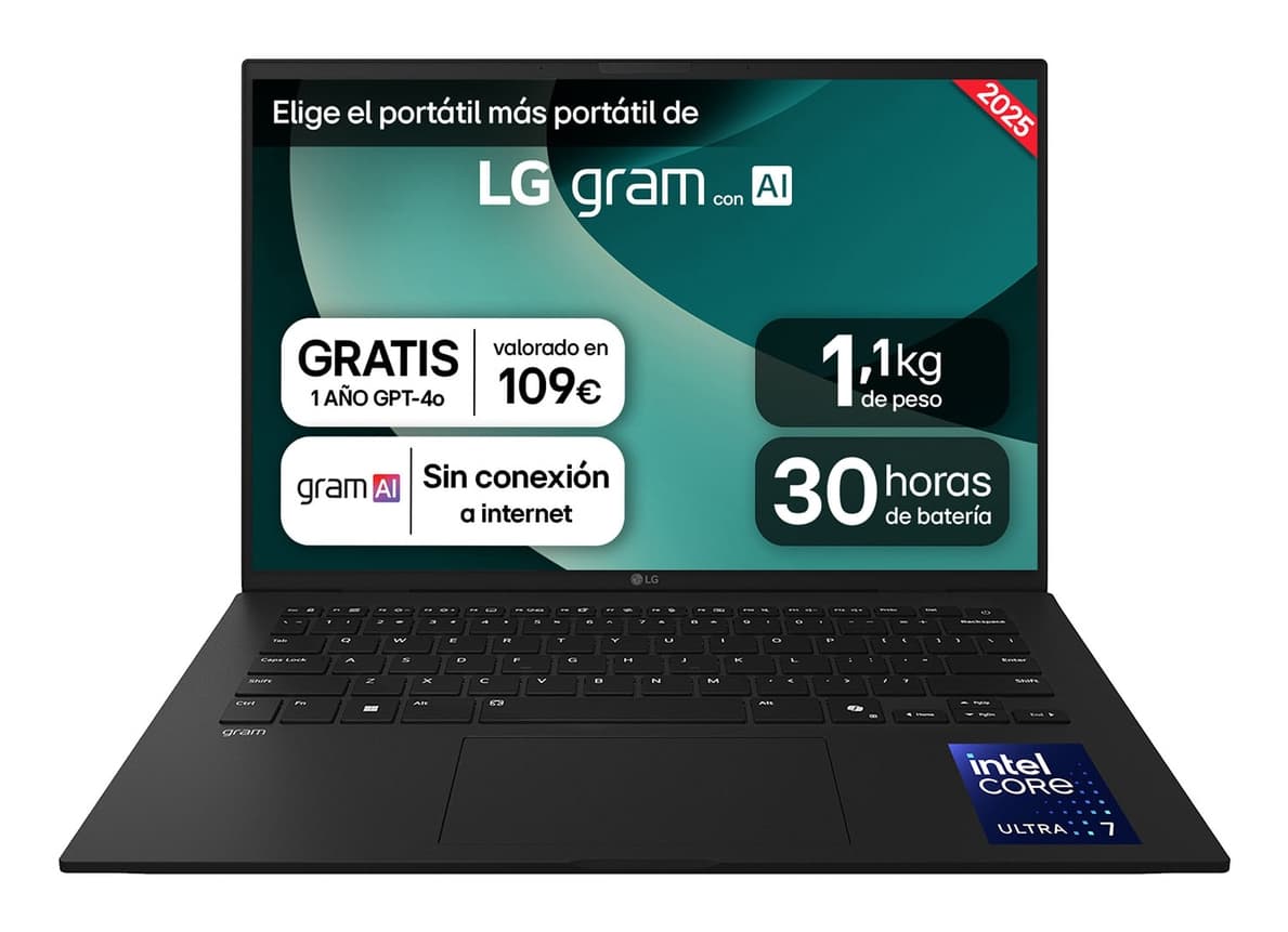 Portátil - LG 14Z90T-G.AD8BB, 14" WUXGA, Intel® Core™ Ultra 7-255H, 32 GB RAM, 2 TB SSD, Arc™ GPU, W11H, Negro - imagen 2