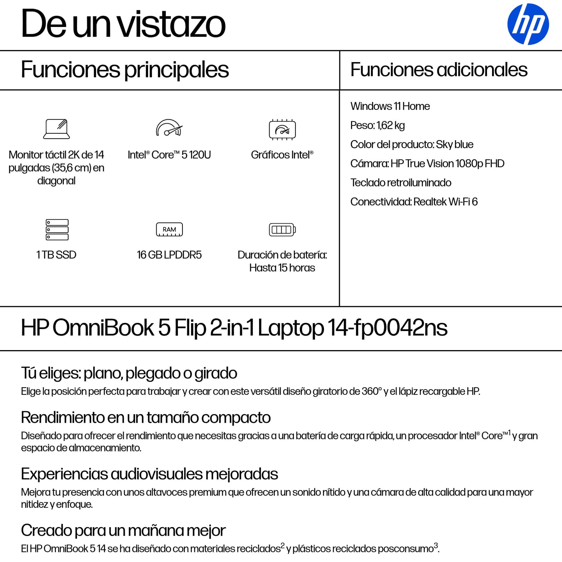 HP - Convertible 2 en 1 HP OmniBook 5 Flip 14-fp0042ns, Intel Core 5 120U, 16GB, 1TB SSD, 14" OLED, W11, Sin cargador. - imagen 5