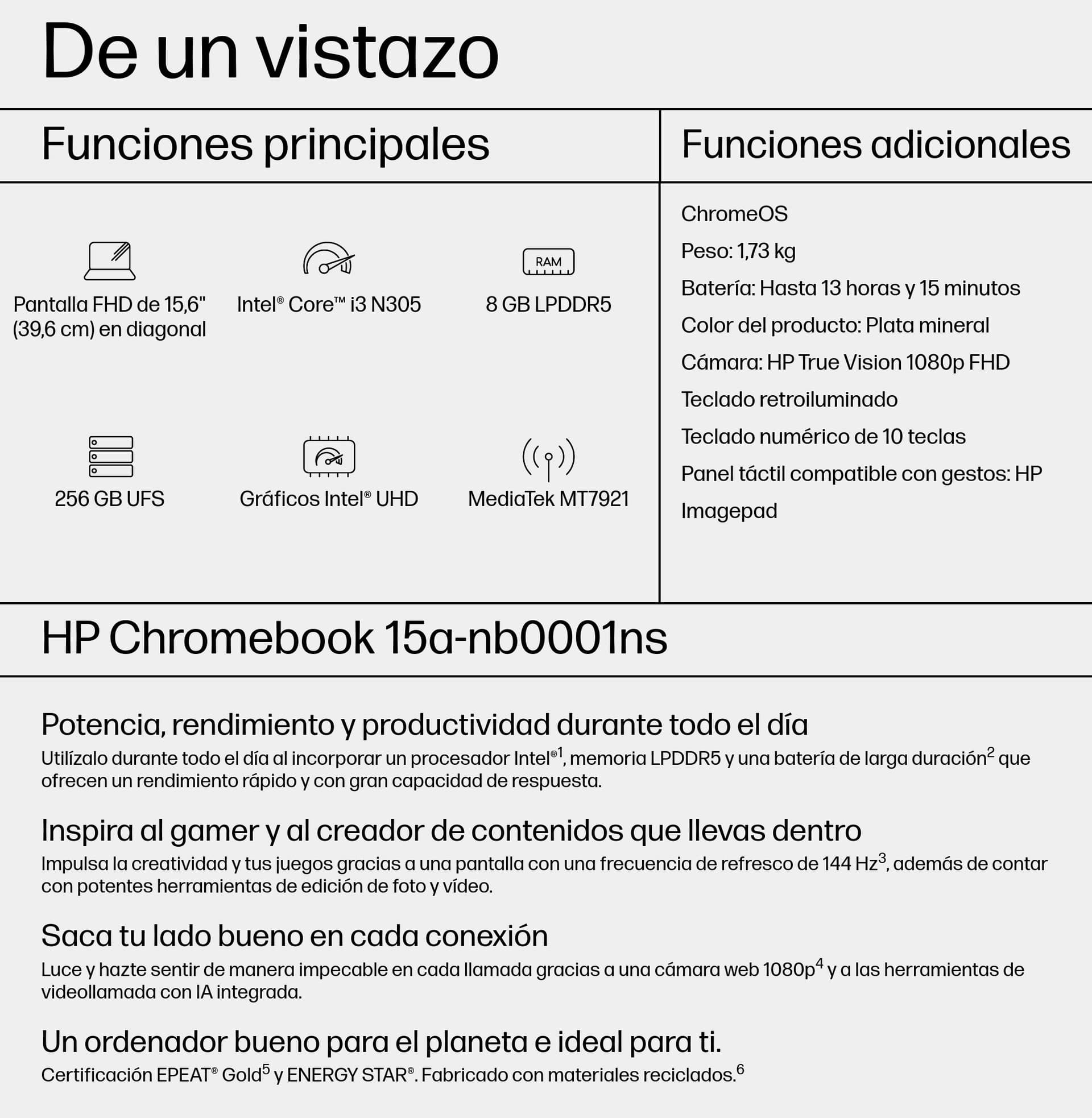 Portátil - HP Chromebook Plus 15a-nb0001ns, 15.6" Full HD, Intel® Core™ i3-N305, 8GB RAM, 256GB eMMC, UHD, Google ChromeOS - imagen 5