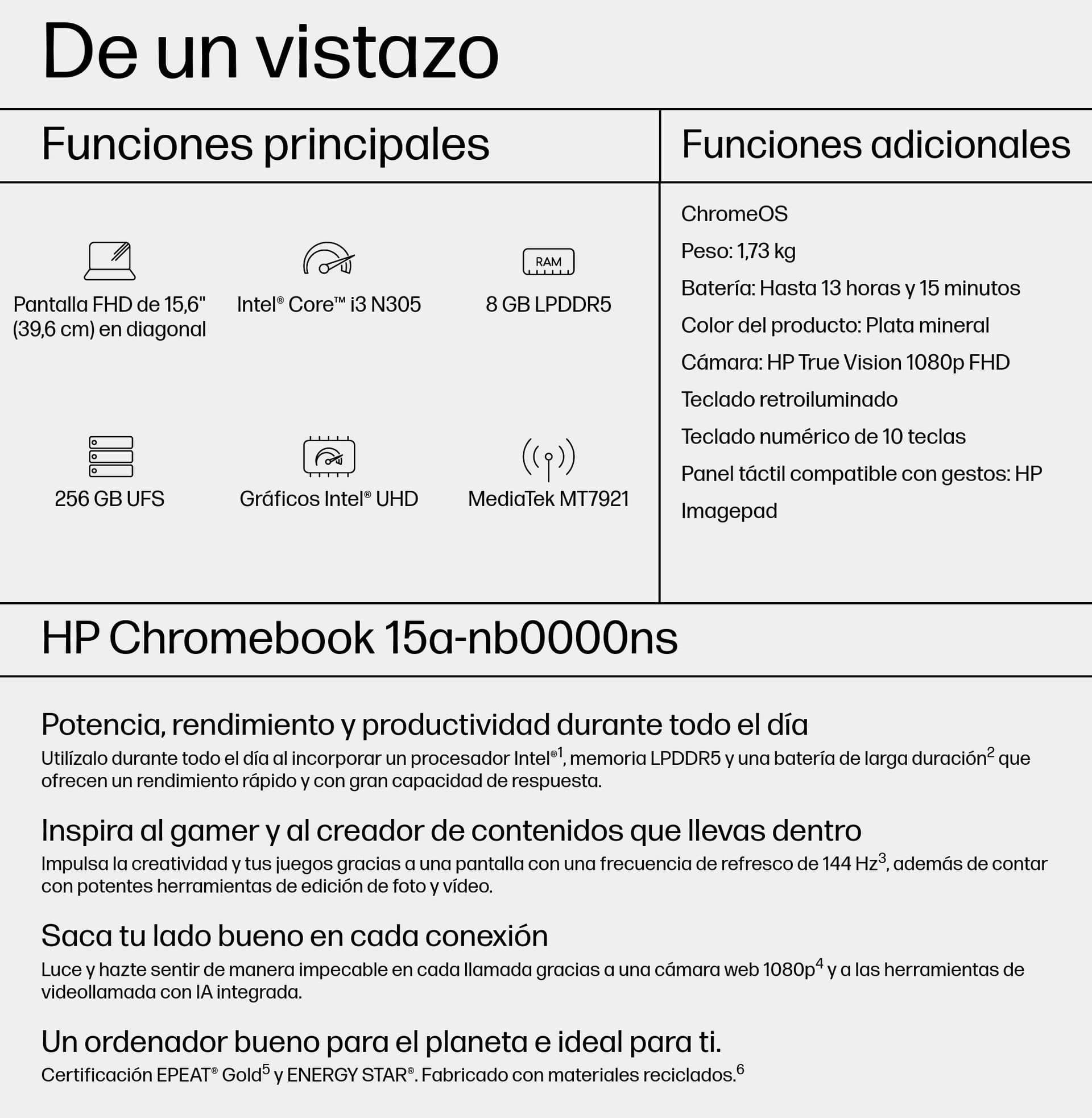 HP - Chromebook Plus HP 15a-nb0000ns, i3-N305, 8 GB, 256 GB UFS, 15,6', ChromeOS. - imagen 5