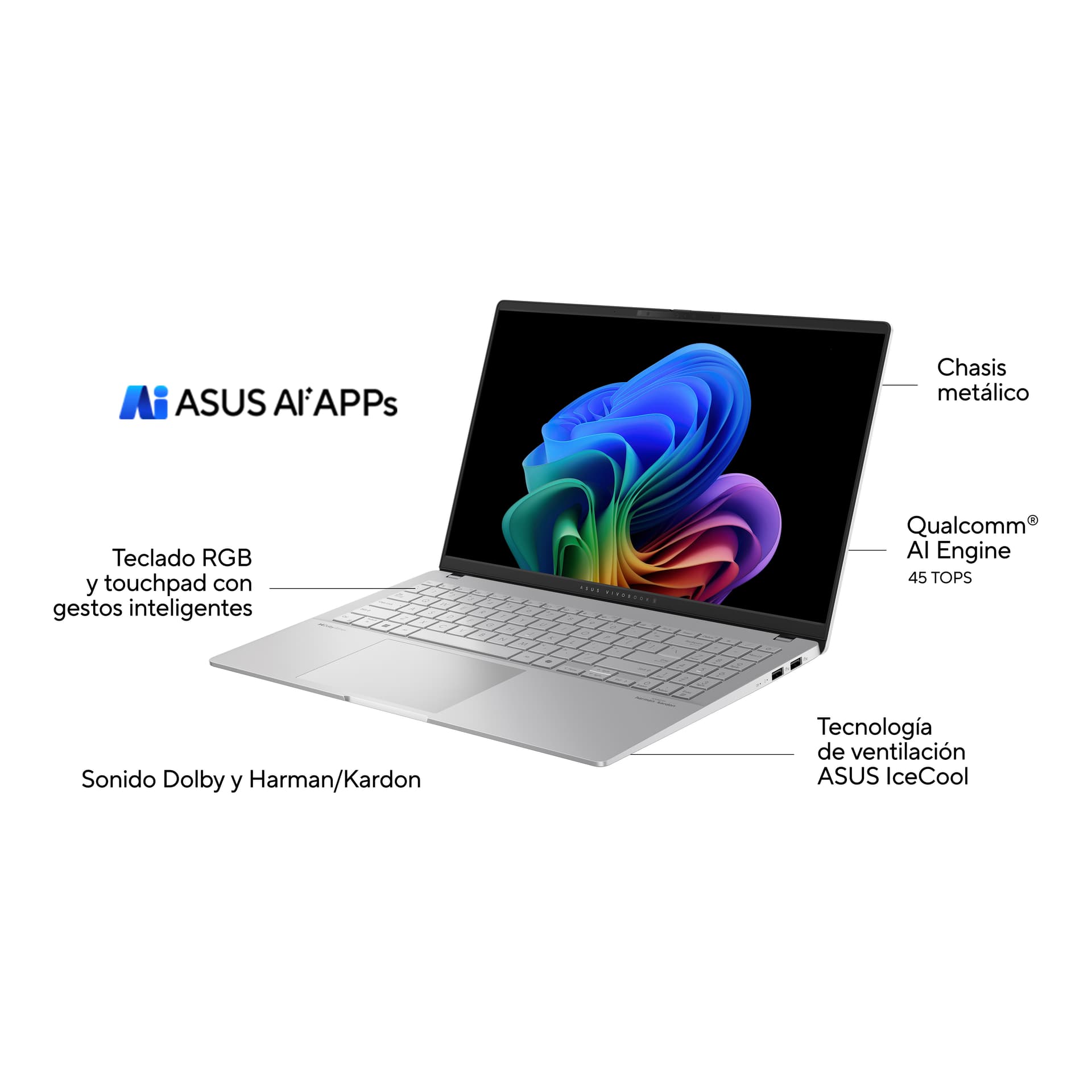 Portátil - ASUS Vivobook S 15 S5507QA-MA012W Copilot+ PC, 15.6" OLED 3K 120Hz, Snapdragon® X Plus X1-P42-100 45 TOPS, 16GB RAM, 512GB SSD, Adreno GPU - imagen 4
