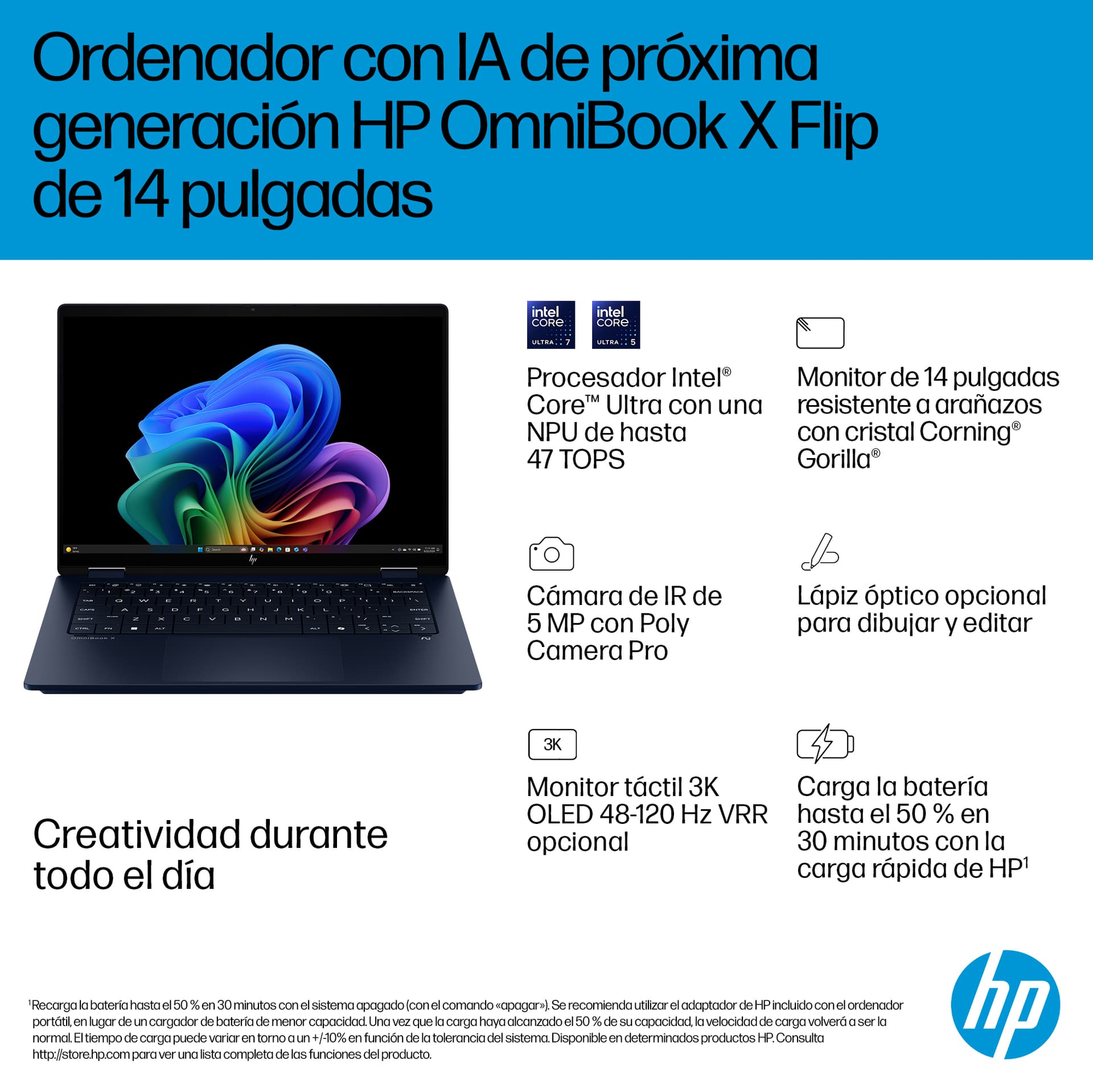 HP - Convertible 2 en 1 HP OmniBook X Flip 14-fm0000ns, Copilot+PC, Intel Core Ultra 7 EVO 258V, 32GB, 1TB SSD, 14' OLED, W11. - imagen 5