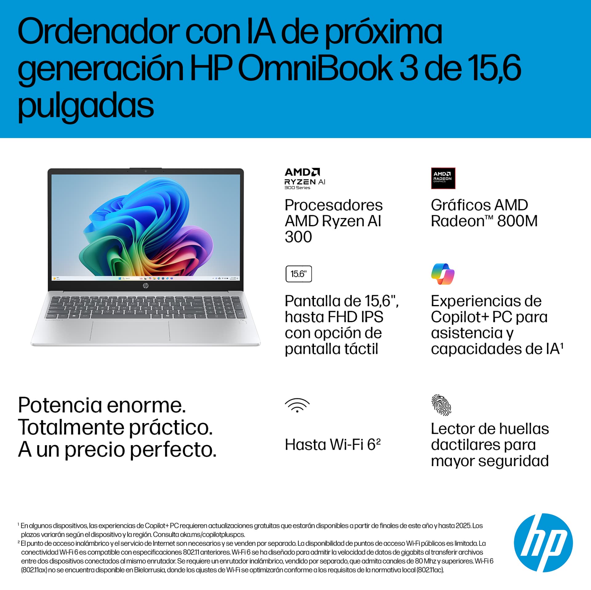 HP - Portátil HP OmniBook 3 15-fn0002ns, Copilot+PC, Ryzen IA 7-350, 16GB, 1TB SSD, 15,6', W11. - imagen 4