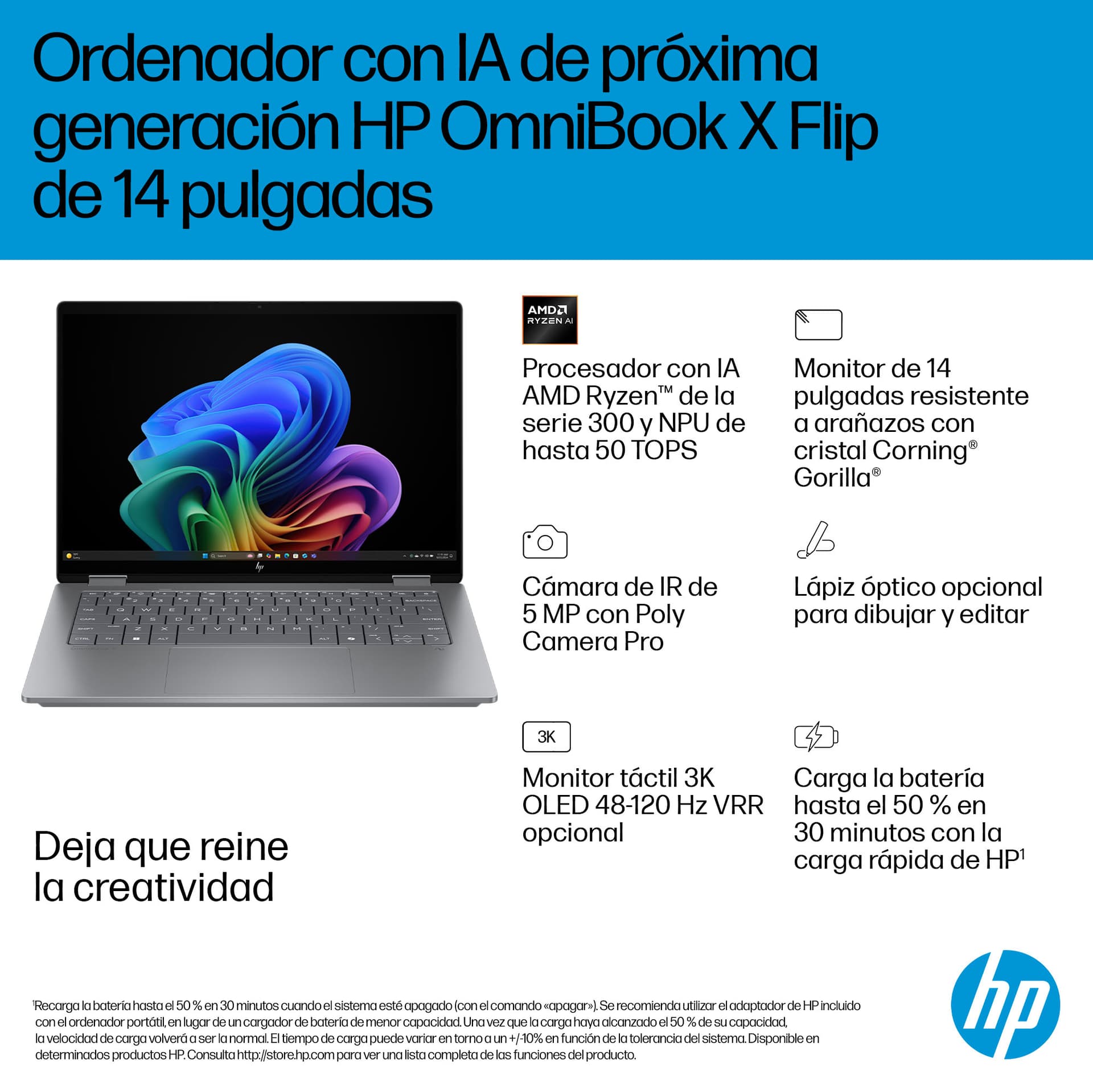 HP - Convertible 2 en 1 HP OmniBook X Flip 14-fk0001ns, Copilot+PC, Ryzen IA 7-350, 16GB, 1TB SSD, 14' OLED, W11. - imagen 6