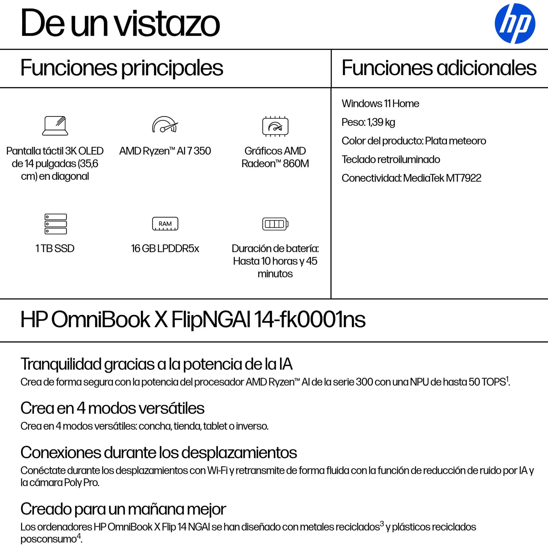 HP - Convertible 2 en 1 HP OmniBook X Flip 14-fk0001ns, Copilot+PC, Ryzen IA 7-350, 16GB, 1TB SSD, 14' OLED, W11. - imagen 5