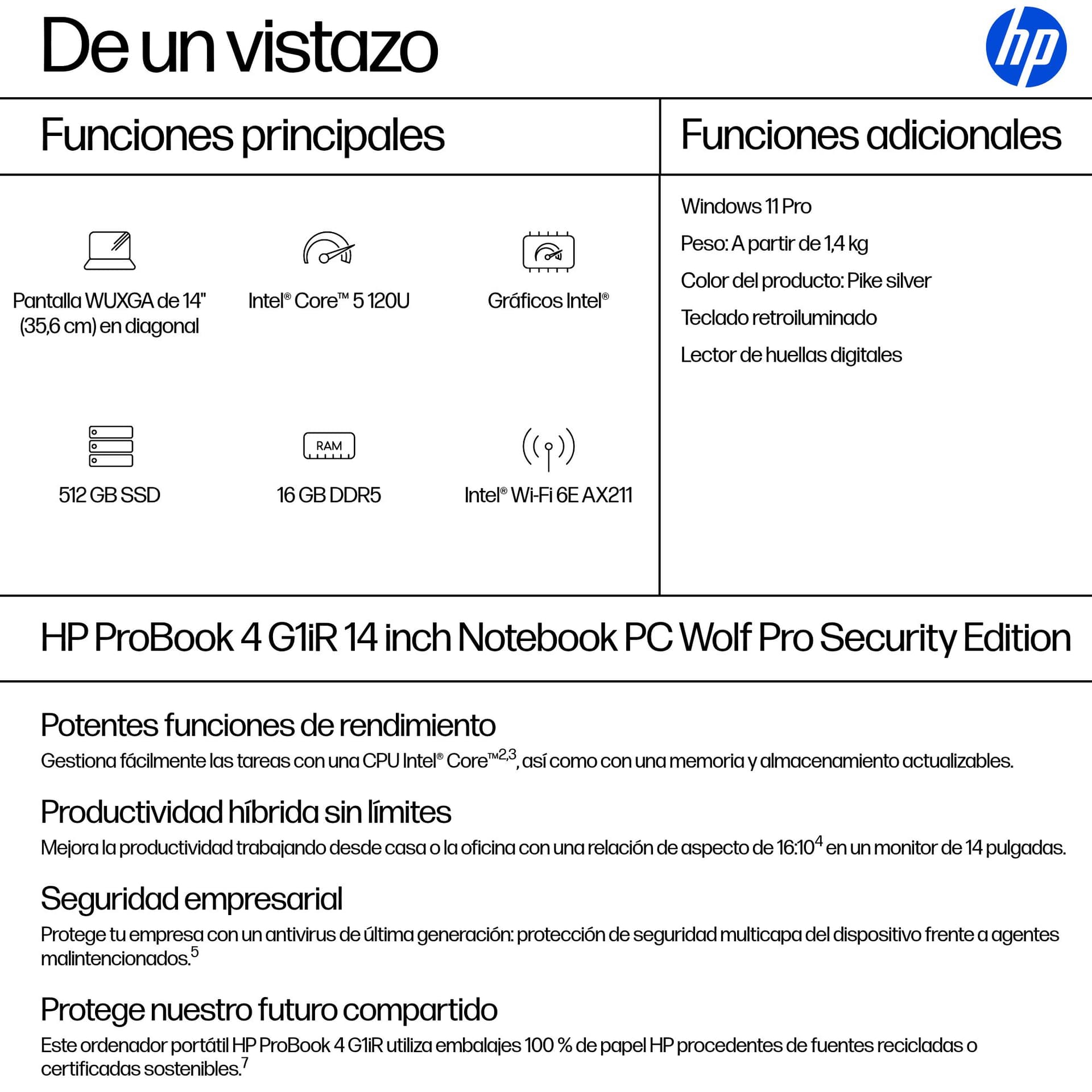 Portátil - HP ProBook 4 G1iR 14" WUXGA, Intel® Core™ 5 120U, 16 GB RAM, 512 SSD, UHD Graphics, Windows 11 Pro, Plateado - imagen 5